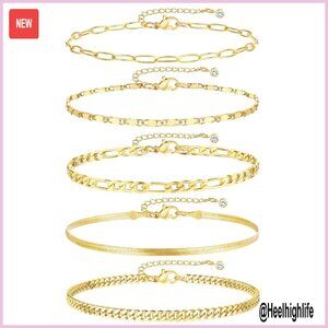 14K Gold Plated Anklet Set, 5pc Adjustable Cuban Link Chains, Waterproof